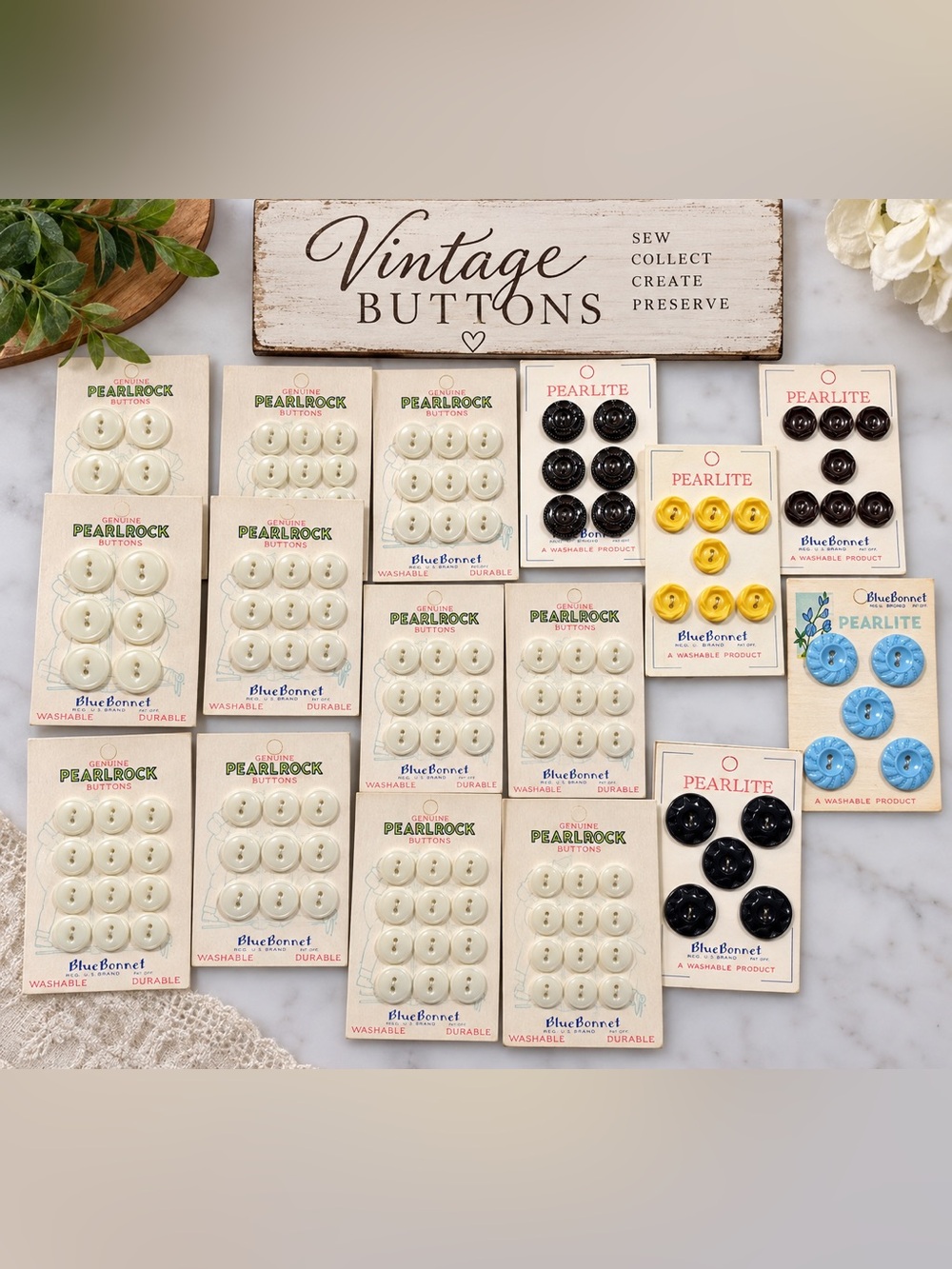 Vintage Blue Bonnet Pearlrock Pearlite Buttons NOS Original Cards Sewing Lot